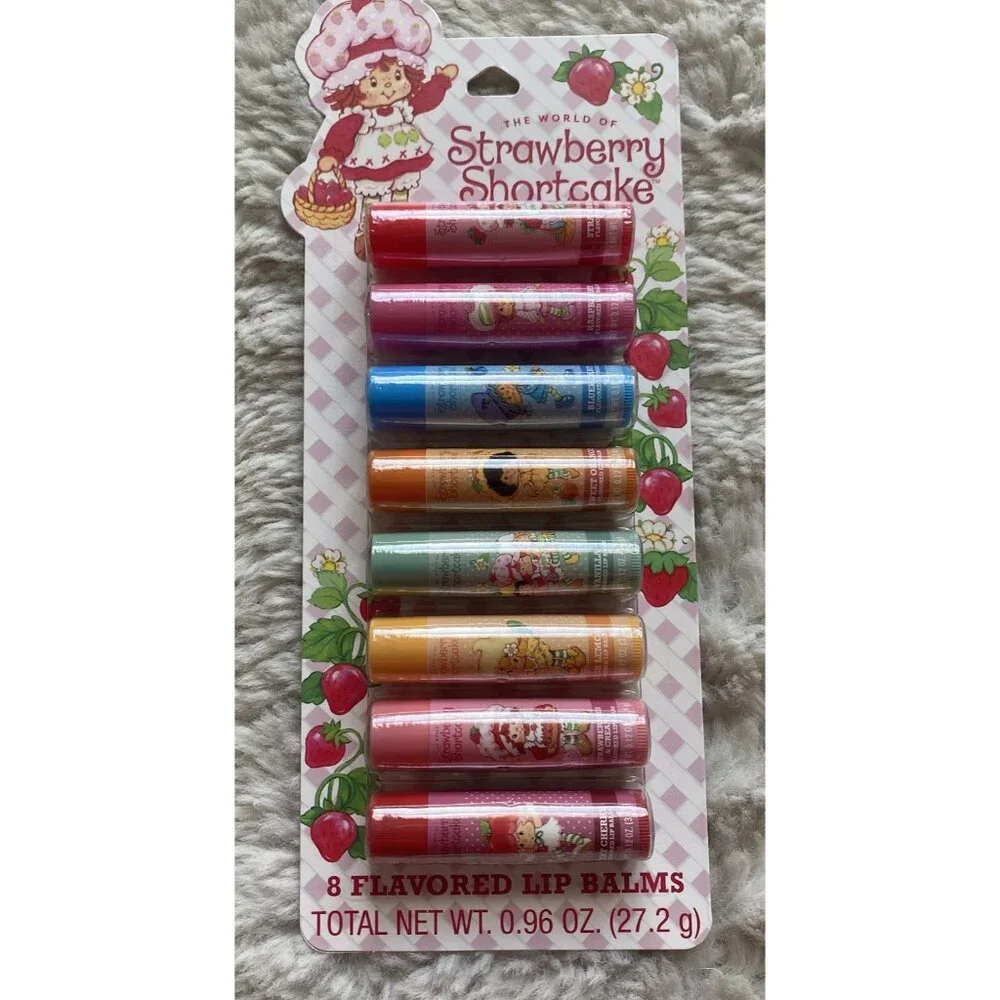8 Pk Strawberry Shortcake Flavored Lip Balms Cherry Vanilla Blueberry Lemon NEW